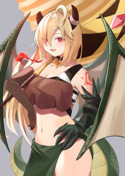 Rule 34 | 1girl, :d, aged up, ahoge, arm tattoo, bad id, bad pixiv id, bare shoulders, black choker, blush, bodypaint, breasts, broken horn, brown gloves, carrying over shoulder, choker, cleavage, collarbone, commentary request, cowboy shot, crop top, dragon girl, dragon horns, dragon tail, dragon wings, elbow gloves, eyebrows hidden by hair, fang, fire, gauntlets, gloves, green wings, hair between eyes, hair over one eye, hammer, hand on own hip, highres, holding, holding hammer, horns, inori (princess connect!), large breasts, long hair, looking at viewer, midriff, navel, open mouth, pelvic curtain, princess connect!, red eyes, sidelocks, simple background, skin fang, smile, solo, standing, star (symbol), star choker, tail, tattoo, wings, ya.yu.