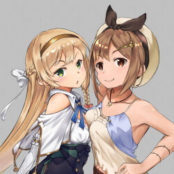 Rule 34 | 2girls, :o, asymmetrical docking, atelier (series), atelier ryza, atelier ryza 1, bare arms, beret, black skirt, blonde hair, bow hairband, braid, breast press, breasts, brown eyes, brown hair, chobbi, clothing cutout, commentary request, dot nose, french braid, from side, green eyes, grey background, hairband, hand on own hip, hat, high-waist skirt, jewelry, klaudia valentz, light brown hair, long hair, looking at viewer, matching hair/eyes, medium breasts, multiple girls, necklace, open mouth, parted lips, reisalin stout, shirt, short hair, shoulder cutout, simple background, skirt, sleeveless, sleeveless shirt, smile, star (symbol), star necklace, tareme, v-shaped eyebrows, white headwear, white shirt