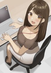 Rule 34 | 1girl, badge, black footwear, blush, breasts, brown eyes, brown hair, brown pantyhose, brown shirt, chair, cleavage, collarbone, commentary request, computer, earrings, from above, full body, hair behind ear, happy, high heels, jewelry, laptop, large breasts, long hair, looking at viewer, mouse (computer), name tag, necklace, office chair, office lady, ol mahonanoka, on chair, open mouth, original, pantyhose, pencil skirt, shirt, short sleeves, sitting, skirt, solo, swivel chair, white skirt