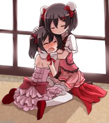 Rule 34 | 10s, 2girls, blush, bow, bun cover, commentary request, crying, dress, dual persona, closed eyes, gloves, hair bow, hair ornament, hairpin, hand on another&#039;s cheek, hand on another&#039;s face, hand on another&#039;s head, hug, kira-kira sensation!, love live!, love live! school idol project, multiple girls, red footwear, shipii (jigglypuff), shoes, strapless, strapless dress, tears, thighhighs, twintails, white gloves, white legwear, yazawa nico