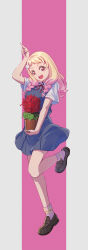 Rule 34 | 1girl, :d, absurdres, arm up, blonde hair, braid, brown footwear, dress, flower, flower pot, full body, gradient hair, grey dress, grey shirt, grey socks, hair ornament, highres, holding, holding flower pot, leg up, loafers, long hair, love live!, love live! superstar!!, macken666, multicolored hair, neck ribbon, onitsuka natsumi, open mouth, pinafore dress, pink hair, red eyes, red flower, red ribbon, ribbon, school uniform, shirt, shoes, short dress, short sleeves, sleeveless, sleeveless dress, smile, socks, solo, standing, standing on one leg, twin braids, yuigaoka school uniform