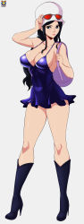 Rule 34 | 1girl, absurdres, bag, black hair, blue eyes, boots, breasts, cleavage, dress, hat, high heel boots, high heels, highres, kyoffie, large breasts, legs, lipstick, long hair, makeup, nico robin, nico robin (dressrosa), one piece, solo, sunglasses, sunglasses on head