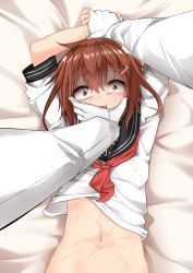 Rule 34 | 10s, 1boy, 1girl, absurdres, admiral (kancolle), brown eyes, brown hair, covering own mouth, crying, crying with eyes open, fang, gloves, hair ornament, hairclip, highres, ikazuchi (kancolle), imminent rape, jack dempa, kantai collection, long sleeves, lying, navel, neckerchief, on back, open mouth, pinned, red neckerchief, restrained, sailor collar, scared, solo focus, tears, upper body, white gloves, wide-eyed