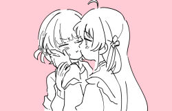 2girls ahoge blush closed_eyes commentary greyscale_with_colored_background hand_on_another&#039;s_face holding_another&#039;s_wrist hololive hololive_dev_is kiss kissing_cheek long_hair long_sleeves looking_at_another multiple_girls otonose_kanade pink_background sakana_(saka11205) short_hair simple_background symbol-only_commentary todoroki_hajime virtual_youtuber yuri