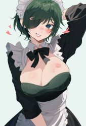 Rule 34 | 1girl, absurdres, apron, arm behind head, blue eyes, breasts, chainsaw man, cleavage, cleavage cutout, clothing cutout, commentary, dress, english commentary, frills, green dress, green hair, heart, heart in eye, highres, himeno (chainsaw man), large breasts, lipstick mark, maid, maid headdress, ms tsukii, short hair, smile, solo, symbol in eye, waist apron