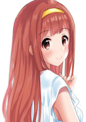 Rule 34 | 1girl, blush, commentary request, copyright request, face, from behind, hairband, koukoku, long hair, looking at viewer, red eyes, red hair, shirt, simple background, smile, solo, white background, white shirt, yellow hairband