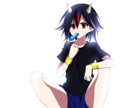 Rule 34 | 1girl, absurdres, alternate costume, bad id, bad pixiv id, black hair, black shirt, blush, bracer, cone horns, contemporary, food, highres, horns, kijin seija, kobashino, mouth hold, multicolored hair, popsicle, red eyes, red hair, shirt, short hair, short sleeves, shorts, simple background, sitting, solo, streaked hair, sweat, t-shirt, touhou, white background