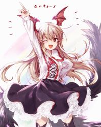 Rule 34 | 1girl, ;d, artist name, black skirt, black thighhighs, black wings, brown hair, collar, collared shirt, commentary, corsage, fang, flower, frilled collar, frills, granblue fantasy, hand on own hip, head wings, highres, kuroi mimei, long sleeves, looking at viewer, medium skirt, notice lines, one eye closed, open mouth, petticoat, pointing, pointing up, pointy ears, red eyes, red flower, red rose, rose, shirt, signature, skirt, smile, solo, standing, thighhighs, translation request, vampire, vampy, white shirt, wings