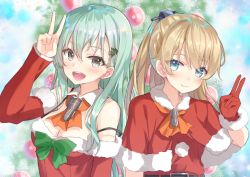 Rule 34 | 10s, 2girls, :d, ascot, blue eyes, breasts, brown hair, capelet, christmas, christmas tree, christmas tree hair ornament, cleavage, green hair, hair ornament, hakuishi aoi, kantai collection, kumano (kancolle), long hair, looking at viewer, multiple girls, open mouth, ponytail, grey eyes, small breasts, smile, spaghetti strap, suzuya (kancolle), v