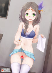 Rule 34 | 1girl, alternate costume, atelier (series), atelier firis, bare arms, bare shoulders, blue bra, blush, bra, braid, breasts, brown hair, censored, cleavage, clitoris piercing, collarbone, commentary, crystal, dot nose, english commentary, feet out of frame, firis mistlud, green eyes, hair ornament, hair over shoulder, heart, heart censor, highres, holding, holding paper, light blue skirt, long hair, looking at viewer, mechanical pencil, medium breasts, miniskirt, navel, no panties, open mouth, paper, parted bangs, patreon logo, patreon username, pencil, piercing, pussy, pussy juice, pussy piercing, single braid, skirt, smile, solo, strapless, strapless bra, teeth, thighhighs, tiara, underwear, upper teeth only, vahn yourdoom, watermark, web address