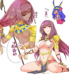 Rule 34 | 2girls, animal ears, backless outfit, bikini, bikini top only, blue eyes, blue hair, bracelet, breasts, chibi, comic, commentary request, cosplay, criss-cross halter, dark-skinned female, dark skin, donkey ears, fate/grand order, fate (series), flower, hair between eyes, hair flower, hair ornament, hairband, halterneck, holding, holding staff, jewelry, large breasts, long hair, looking at viewer, low ponytail, multiple girls, navel, nitocris (fate), one eye closed, pelvic curtain, purple hair, red eyes, scathach (fate), scathach (fate/grand order), scathach (swimsuit assassin) (fate), scathach (swimsuit assassin) (fate) (cosplay), shoulder pads, sidelocks, smile, staff, swimsuit, torc, torichamaru, translation request, underboob, usekh collar