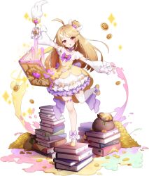 Rule 34 | 1girl, :o, ahoge, arm up, artist request, bag, blonde hair, book, book stack, bow, coin, crown, detached sleeves, dress, eversoul, frilled skirt, frills, game cg, gem, heart, highres, holding, holding quill, long sleeves, looking at viewer, manon (eversoul), mini crown, neck garter, non-web source, official alternate costume, official art, petite, puffy long sleeves, puffy sleeves, quill, red eyes, single thighhigh, skirt, sparkle, standing, standing on one leg, swept bangs, tachi-e, thigh strap, thighhighs, third-party source, transparent background, white bow, white thighhighs, yellow dress, yellow footwear