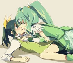 Rule 34 | 10s, 2girls, after kiss, aoki shizumi, bad id, bad pixiv id, blush, bow, clenched hand, cure march, dual persona, eyelashes, french kiss, girl on top, green eyes, green hair, green shorts, green skirt, green sweater vest, green theme, hair bow, kiss, lying, midorikawa nao, multiple girls, multiple persona, on back, open mouth, precure, saliva, saliva trail, selfcest, shirt, shirt tug, shorts, shorts under skirt, sitting, sitting on person, skirt, sleeves rolled up, smile precure!, sweater vest, teeth, thighs, tongue, tongue out, yuri