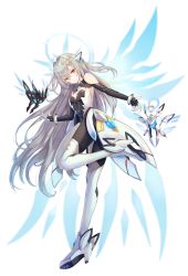 Rule 34 | 1girl, absurdres, boots, breasts, brown eyes, choker, cleavage, code: sariel (elsword), elsword, eve (elsword), floating hair, gloves, hair between eyes, high heel boots, high heels, highres, leg up, long hair, looking at viewer, minyumim, silver hair, simple background, small breasts, solo, standing, standing on one leg, strapless, very long hair, white background