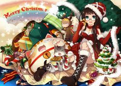 Rule 34 | 1boy, 1girl, :d, animal costume, aqua eyes, argyle, bell, blonde hair, boots, brown hair, candy, candy cane, cat, pet food, choker, christmas tree, elbow gloves, food, glasses, gloves, hat, holding, looking at viewer, merry christmas, open mouth, original, rainbow, red gloves, reindeer costume, sack, saiyki, santa hat, sitting, smile, snowman, star (symbol)