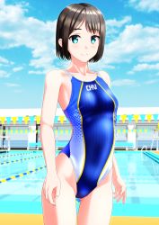Rule 34 | 1girl, absurdres, black hair, blue eyes, blue sky, blue one-piece swimsuit, breasts, cloud, collarbone, commentary request, competition swimsuit, covered navel, cowboy shot, day, highres, lane line, looking at viewer, multicolored clothes, multicolored swimsuit, one-piece swimsuit, original, outdoors, pool, short hair, sky, small breasts, solo, standing, string of flags, swimsuit, takafumi