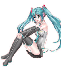Rule 34 | 1girl, aqua eyes, aqua hair, detached sleeves, hatsune miku, long hair, nail polish, necktie, nimu, panties, simple background, sitting, solo, striped clothes, striped panties, thighhighs, twintails, underwear, very long hair, vocaloid