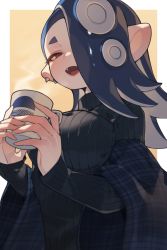 Rule 34 | 1girl, absurdres, alternate costume, asymmetrical bangs, black sweater, blue hair, blue jacket, blush, border, breasts, casual, coffee mug, commentary request, cup, ear piercing, earrings, eyeshadow, fang, hair over one eye, hands up, highres, holding, holding cup, jacket, jewelry, large breasts, long hair, long sleeves, looking at viewer, makeup, mug, nintendo, octoling, off shoulder, one eye covered, open clothes, open jacket, open mouth, outside border, parted bangs, piercing, plaid, plaid jacket, pointy ears, prat rat, red eyes, red eyeshadow, ribbed sweater, shiver (splatoon), sleeves past wrists, smile, solo, spikes, splatoon (series), splatoon 3, steam, sweater, tentacle hair, tongue, tooth earrings, turtleneck, turtleneck sweater, upper body, white border, wide sleeves