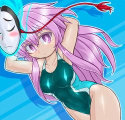 Rule 34 | 1girl, armpits, arms behind head, arms up, blush, breasts, competition swimsuit, expressionless, hata no kokoro, highleg, long hair, looking at viewer, mask, mask on head, medium breasts, one-piece swimsuit, pink eyes, pink hair, shiny clothes, solo, swimsuit, touhou, winn