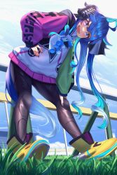 Rule 34 | 1girl, absurdres, ahoge, animal ears, ankle boots, aqua hair, black bodysuit, black nails, black ribbon, blue eyes, blue hair, blue sky, bodysuit, boots, clothes writing, cloud, cloudy sky, coat, commentary, grass, hair ribbon, hand on own hip, hand on own knee, heterochromia, highres, hood, hood down, hooded coat, horse ears, horse girl, horse tail, leaning forward, long hair, long sleeves, looking at viewer, manjo (warito), multicolored coat, open mouth, outdoors, purple eyes, racetrack, railing, ribbon, sharp teeth, sidelocks, sky, smile, solo, standing, stuffed animal, stuffed rabbit, stuffed toy, tail, teeth, toes up, twin turbo (umamusume), twintails, umamusume, yellow footwear