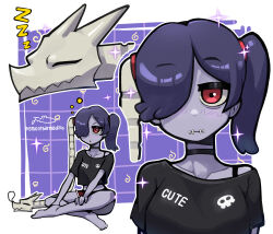 Rule 34 | 1girl, absurdres, alternate costume, blue hair, blue skin, blush, bra strap, casual, choker, colored skin, dillo (smootharmadillo), hair over one eye, highres, leviathan (skullgirls), red eyes, shirt, shorts, side ponytail, skullgirls, solo, sparkle, squigly (skullgirls), stitched mouth, stitches, t-shirt, zombie