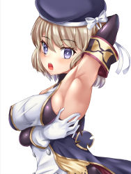 Rule 34 | 1girl, arm behind head, arm up, armpits, azur lane, bare shoulders, beret, bike shorts, black gloves, blue eyes, blush, bodystocking, breasts, buttons, commentary request, cra4, cross, double-breasted, elbow gloves, gloves, hair between eyes, hat, highres, iron cross, looking at viewer, medium breasts, open mouth, platinum blonde hair, presenting armpit, ribbon, short hair, sideboob, sidelocks, simple background, sleeveless, solo, standing, taut clothes, teeth, upper body, upper teeth only, white background, white gloves, white ribbon, z23 (azur lane)