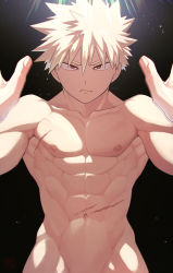 Rule 34 | 1boy, abs, absurdres, armpits, bakugou katsuki, bara, blonde hair, boku no hero academia, closed mouth, highres, large pectorals, looking at viewer, male focus, muscular, muscular male, navel, nipples, nude, outstretched arms, pectorals, red eyes, scar, scar on chest, scar on stomach, short hair, solo, spiked hair, twitter username, yazaki (yazakc)