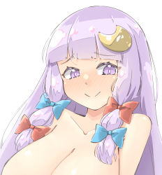 Rule 34 | 1girl, arnest, blue bow, blush, bow, breasts, cleavage, closed mouth, crescent, crescent hair ornament, hair bow, hair ornament, huge breasts, long hair, looking at viewer, no headwear, nose blush, out-of-frame censoring, patchouli knowledge, purple eyes, purple hair, red bow, simple background, solo, touhou, upper body, white background