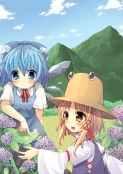 Rule 34 | 2girls, adapted costume, bad id, bad pixiv id, blonde hair, blue dress, blue eyes, blue hair, blush, bow, cirno, cloud, day, dress, flower, grass, hair bow, hair ribbon, hat, highres, hill, hydrangea, ice, ice wings, leaf, moriya suwako, mountain, multiple girls, open mouth, oruto (ort+), oruton, ribbon, short hair, sky, smile, touhou, wide sleeves, wings, yellow eyes