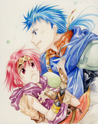 Rule 34 | 1boy, 1girl, agahari, blue eyes, blue hair, bridal gauntlets, carrying, colm (fire emblem), couple, eye contact, fire emblem, fire emblem: the sacred stones, grin, headband, hetero, looking at another, neimi (fire emblem), nintendo, pink eyes, pink hair, ponytail, princess carry, purple shirt, shirt, smile, surprised