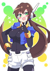 Rule 34 | 1girl, absurdres, aile (mega man zx), black bodysuit, blush, blush stickers, bodysuit, breasts, brown hair, buzzlyears, cropped jacket, female focus, green eyes, heart, highres, jacket, large breasts, long hair, mega man (series), mega man zx, mega man zx advent, navel, open clothes, open jacket, ponytail, pout, robot ears, shorts, tagme, v