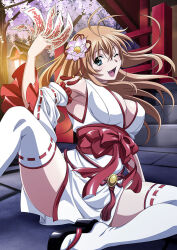 Rule 34 | 1girl, ;d, antenna hair, blonde hair, breasts, cleavage, detached sleeves, fang, floating hair, flower, green eyes, hair between eyes, hair flower, hair ornament, holding, ikkitousen, japanese clothes, kimono, large breasts, long hair, long sleeves, looking at viewer, one eye closed, open mouth, pink flower, ribbon-trimmed sleeves, ribbon-trimmed thighhighs, ribbon trim, short kimono, sitting, sleeveless, sleeveless kimono, smile, solo, sonsaku hakufu, spread legs, thighhighs, very long hair, white kimono, white sleeves, white thighhighs