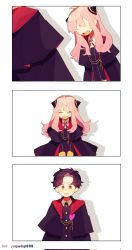 Rule 34 | 1boy, 1girl, aged up, ahoge, anya (spy x family), blush, brown hair, cape, closed eyes, comic, damian desmond, eden academy school uniform, hairpods, highres, long hair, open mouth, parted bangs, parted lips, pink hair, school uniform, spy x family, yellow eyes, yingwdcp999