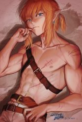 Rule 34 | 1boy, artist name, belt, blonde hair, collarbone, copyright name, earrings, hand up, highres, jewelry, lantam, link, long hair, looking at viewer, male focus, nintendo, parted lips, pointy ears, scar, scar on stomach, sidelocks, solo, standing, the legend of zelda, the legend of zelda: breath of the wild, toned, toned male, upper body