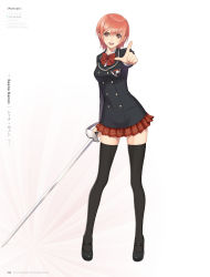 Rule 34 | 1girl, ;d, artist name, black thighhighs, bow, bowtie, brown eyes, character name, copyright name, highres, holding, holding sword, holding weapon, index finger raised, looking at viewer, miniskirt, one eye closed, open mouth, pleated skirt, rapier, red bow, red hair, red skirt, saber (weapon), school uniform, seena kanon, shining (series), shining blade, short hair, simple background, skirt, smile, solo, standing, sword, thighhighs, tony taka, weapon, white background, zettai ryouiki