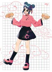 Rule 34 | 1girl, black skirt, black socks, blue eyes, blue hair, chinese clothes, double bun, food, full body, glasses, hair bun, highres, holding, holding food, looking at viewer, marinette dupain-cheng, miraculous ladybug, open mouth, pink footwear, pink shirt, remurie, shirt, skirt, smile, socks, solo, sunglasses