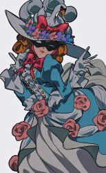 Rule 34 | 1girl, absurdres, ace attorney, animal hat, bird, blue dress, bow, center frills, commentary, dress, flower, frilled gloves, frills, gloves, gown, grgrton, hands up, hat, hat flower, highres, holding, holding mask, jezaille brett, juliet sleeves, long dress, long sleeves, looking at viewer, mask, masquerade mask, pink bow, pink flower, pink rose, puffy sleeves, red lips, rose, short hair, simple background, smile, solo, swan, symbol-only commentary, the great ace attorney, victorian, white gloves, white hat