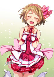Rule 34 | 10s, 1girl, ^ ^, artist name, boots, brown hair, center frills, clenched hands, closed eyes, commentary request, dress, erutasuku, facing viewer, frills, hairband, heart, high heel boots, high heels, jumping, koizumi hanayo, love live!, love live! school idol festival, love live! school idol project, necktie, open mouth, pink necktie, sash, short hair, sleeveless, sleeveless dress, smile, solo, vest, wrist cuffs