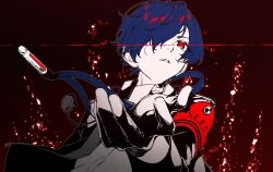 Rule 34 | 1boy, armband, blue hair, collared shirt, commentary, digital media player, english commentary, gloves, hair over one eye, highres, long sleeves, looking at viewer, male focus, parted lips, persona, persona 3, persona 3 reload, red armband, red eyes, shirt, simple background, solo, twfm, upper body, yuuki makoto (persona 3)