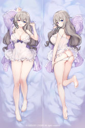 Rule 34 | 1girl, ass, azur lane, bare legs, barefoot, blue eyes, breasts, butt crack, cleavage, collarbone, covered navel, dakimakura (medium), feet, full body, grey hair, hair ribbon, heterochromia, hey chony, highres, large breasts, lingerie, long hair, looking at viewer, lying, murmansk (azur lane), murmansk (sceneries of pure snow) (azur lane), negligee, official alternate costume, on back, on stomach, open mouth, panties, panty pull, pulling own clothes, purple eyes, ribbon, smile, solo, strap slip, toes, underwear, white negligee, white panties, white ribbon