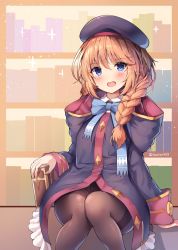 Rule 34 | 1girl, :d, arm support, beret, black hat, black pantyhose, blue bow, blue eyes, blush, book, bookshelf, bow, braid, brown hair, coat, eyelashes, hair between eyes, hair over shoulder, hat, highres, hood, hood down, hooded coat, knees together feet apart, long hair, long sleeves, looking at viewer, open mouth, pantyhose, princess connect!, sitting, smile, sob (submar1089), solo, twin braids, yuni (princess connect!)