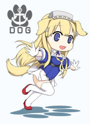 Rule 34 | 1girl, animal ears, blonde hair, blue eyes, blue shirt, breasts, cleavage, commentary request, dog ears, dog tail, fletcher (kancolle), full body, hairband, highres, kantai collection, kemonomimi mode, logo, long hair, medium breasts, neckerchief, off shoulder, outstretched arms, pleated skirt, running, sailor collar, school uniform, serafuku, shirt, simple background, skirt, solo, tail, thighhighs, white background, white sailor collar, white skirt, white thighhighs, yakuto007, yellow neckerchief