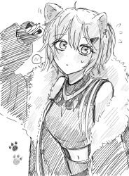 Rule 34 | 1girl, animal ears, arm up, bang dream!, bang dream! it&#039;s mygo!!!!!, chap55al, closed mouth, commentary, cosplay, crop top, ear piercing, flying sweatdrops, fur-trimmed jacket, fur trim, greyscale, highres, jacket, lion ears, long sleeves, monochrome, navel, off shoulder, open clothes, open jacket, paw print, piercing, shirt, shishiro botan, shishiro botan (cosplay), sleeveless, sleeveless shirt, sleeves past wrists, solo, spoken blush, sweatdrop, takamatsu tomori, upper body