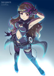 Rule 34 | 1girl, alternate hairstyle, arm up, black dress, black footwear, black gloves, blue background, blunt bangs, boots, breasts, brown hair, cable, character name, cleavage, cleavage cutout, clothing cutout, commentary request, copyright name, dress, eyebrows, full body, gloves, gradient background, hair down, headphones, heart, idolmaster, idolmaster cinderella girls, kamiya nao, long hair, looking at viewer, medium breasts, navel, navel cutout, nothing but you, overskirt, parted lips, red eyes, satomura kyou, short dress, solo, standing, thigh boots, thighhighs