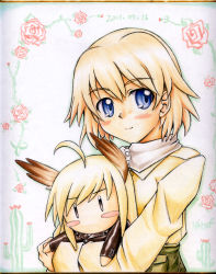 Rule 34 | 1girl, ahoge, animal ears, blonde hair, blue eyes, blush, brown eyes, character doll, flower, hanna-justina marseille, head wings, marker (medium), masana hatuse, military, military uniform, raisa pottgen, shikishi, short hair, smile, solo, strike witches, stuffed toy, traditional media, uniform, wings, witches of africa, world witches series