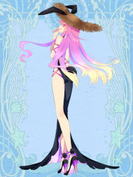 Rule 34 | 1girl, animal ears, ass, backless outfit, black dress, blue background, brown hat, dairoku ryouhei, dress, full body, hat, high heels, l (matador), long hair, long legs, looking at viewer, looking back, nail polish, pink hair, pink ribbon, purple nails, rabbit ears, red eyes, ribbon, simple background, solo, standing, straw hat, very long hair