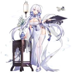 Rule 34 | 1girl, ahoge, aircraft, airplane, azur lane, blue eyes, blush, breasts, bursting breasts, china dress, chinese clothes, cleavage, dress, folded fan, folding fan, full body, garter straps, hand fan, highres, huge breasts, illustrious (azur lane), illustrious (maiden lily&#039;s radiance) (azur lane), kaede (yumesaki kaede), large breasts, long hair, looking at viewer, mole, mole under eye, official alternate costume, official art, parted lips, silver hair, smile, solo, standing, thighhighs, transparent background, white dress, white thighhighs