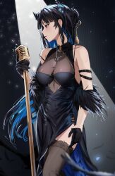 Rule 34 | 1girl, absurdres, alternate hairstyle, asymmetrical horns, bare shoulders, black gloves, black hair, blue hair, breasts, colored inner hair, demon horns, gloves, hair ornament, half gloves, highres, holding, holding microphone stand, hololive, hololive english, horns, long hair, medium breasts, microphone, microphone stand, mole, mole under eye, multicolored hair, nerissa ravencroft, official alternate costume, red eyes, solo, sunset (sunsetdazzle), two-tone hair, uneven horns, very long hair, virtual youtuber