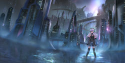 Rule 34 | 1girl, bare shoulders, black gloves, black jacket, black shirt, black thighhighs, blue skirt, breasts, building, city, commentary request, day, denki, fingerless gloves, gloves, headphones, jacket, long hair, long sleeves, looking at viewer, low twintails, off shoulder, open clothes, open jacket, original, outdoors, red eyes, science fiction, shallow water, shirt, silver hair, skirt, sleeveless, sleeveless shirt, sleeves past wrists, small breasts, solo, standing, thighhighs, twintails, wading, water, wide sleeves