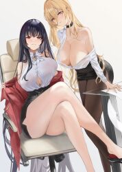 2girls absurdres alvitr_(azur_lane) alvitr_(muspel&#039;s_torrid_secrets)_(azur_lane) azur_lane bare_shoulders black_choker black_hair black_skirt blonde_hair blue_background blush breasts brown_pantyhose choker chunchilin covered_erect_nipples crossed_legs highres huge_breasts implacable_(azur_lane) implacable_(shepherd_of_the_&quot;lost&quot;)_(azur_lane) jacket long_hair multiple_girls no_bra off_shoulder open_clothes open_jacket pantyhose pencil_skirt red_eyes simple_background sitting skirt smile thighs